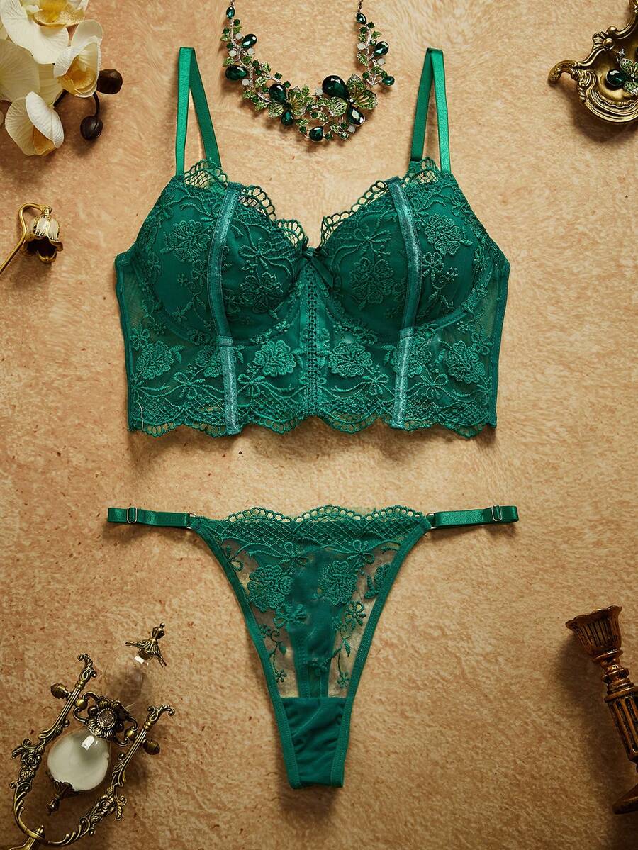 PinupPomp 2件套女士白色浪漫长款文胸内衣套装 - 墨綠色 - 查看 1