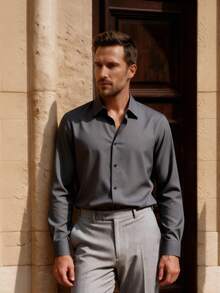 Officeau Men's Grey Shirt Formal Solid Color Long Sleeve Single-Breasted Dress Shirt Spring To Summer - Grey - View 9