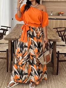 Weeklong Vestido de Talla Grande con Estampado de Bloques de Color y Cuello Asimétrico Adecuado para Uso Diario - Multicolor - Ver 1