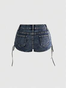ROMWE Grunge Punk 女款 Y2K 休閒街頭風夏季側抽繩抓皺設計水洗深藍牛仔短褲 性感彈性熱褲 適合海灘與夜店 - 藍色 - 查看 2