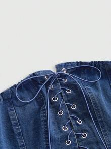 ROMWE Y2K Millennium Vintage Distressed Music Festival Sexy Lace-Up Bandeau Denim Top Swimming Pastal - Blue - View 3