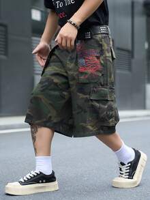 Manfinity EMRG 男士街頭風休閒多口袋印花迷彩牛仔短褲 - 軍綠色 - 查看 4