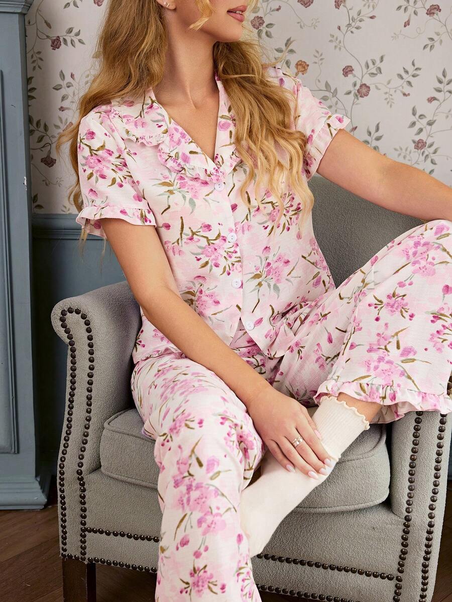 CottageSlumber Floral Print Sweet Ruffle Collar Cardigan Short Sleeve Women Pajama Set - Pink - View 1