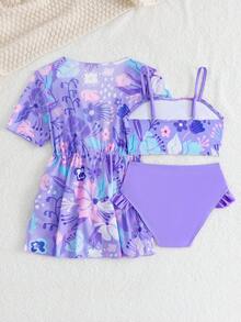 SHEIN 青少年女孩比基尼套裝，3件式泳衣套裝含平口單肩上衣、短褲與荷葉邊罩衫，紫色熱帶花卉針織面料，可愛時尚優雅淑女風，防曬，適合游泳、夏季度假、海灘、泳池、夏季假期派對 - 紫色 - 查看 2