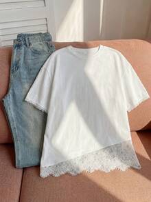 Comfortcana Plus Size Asymmetrical Hem Lace Loose T-Shirt Date Night Evening Birthday All White Summer Elegant Frenchy - White - View 5