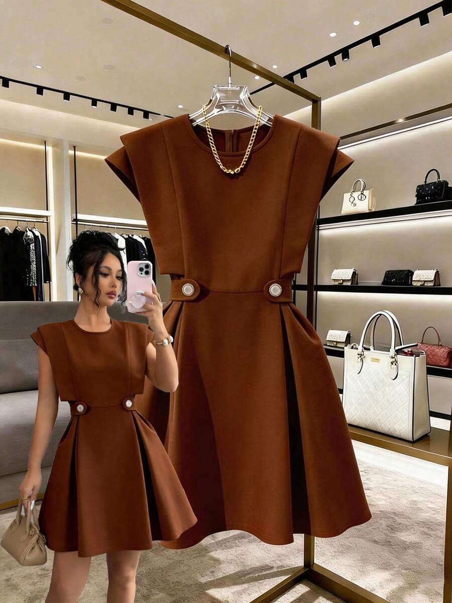 Elenzga Đầm ngắn nữ thanh lịch, lãng mạn, thích hợp cho kỳ nghỉ và đi làm hàng ngày. - màu nâu - Xem 1