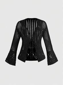 ROMWE Goth Cárdigan de punto hueco con mangas acampanadas de estilo gótico oscuro talla grande - Negro - Ver 5