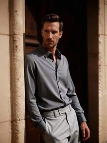 Officeau Men's Grey Shirt Formal Solid Color Long Sleeve Single-Breasted Dress Shirt Spring To Summer - Grey - View 8