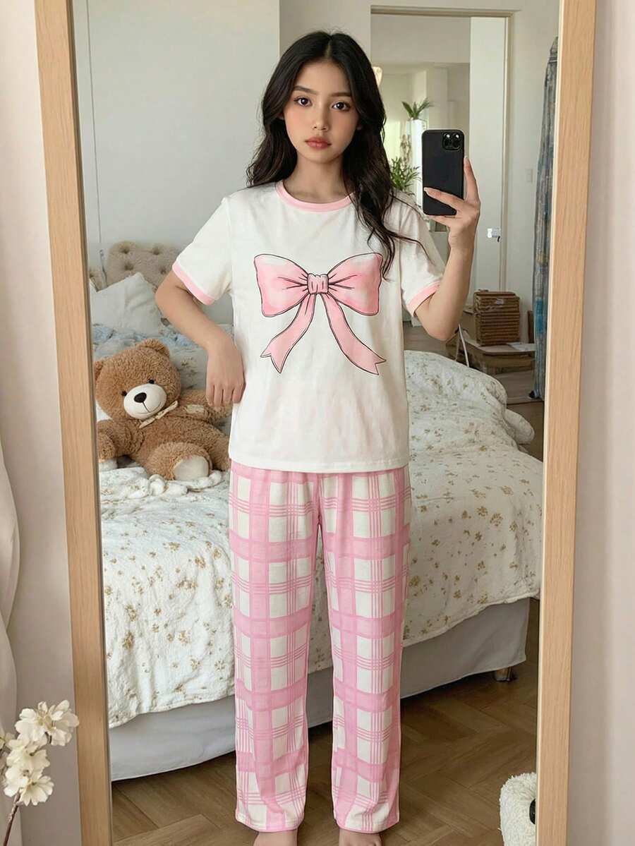 SHEIN 少女簡單蝴蝶結圖案圓領短袖T恤 + 格紋直筒睡褲 寬鬆休閒兩件式睡衣套裝 - 彩色 - 查看 1