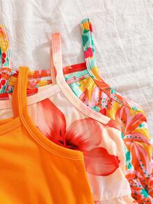 SHEIN Elladie kids 3件組少女夏季連身褲套裝：純色與波希米亞花卉印花，彈性腰部舒適，海灘度假風連身短褲 - 彩色 - 查看 6
