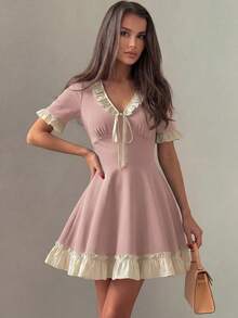 Mulvari Women's Spring/Summer Knit Black Short Sleeve Mixed Woven Ruffle Waist A-Line Elegant Romantic Dress Summer Dresses - Dusty Pink - View 5