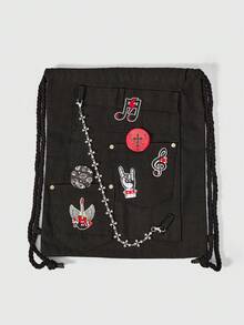 ROMWE Grunge Punk 1件裝黑色岩石音符刺繡暗條紋徽章圖案大容量多口袋抽繩束口背包，休閒百搭中性款，適合通勤、社交、購物 - 純黑色 - 查看 2