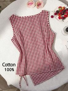 Sweetra Plus Size Women Red And White Plaid Sleeveless Tie-Front Design Waist-Cinching Slimming Fit Minimalist Kawaii Fashionable Round Neck Blouse Summer - Red and White - View 2
