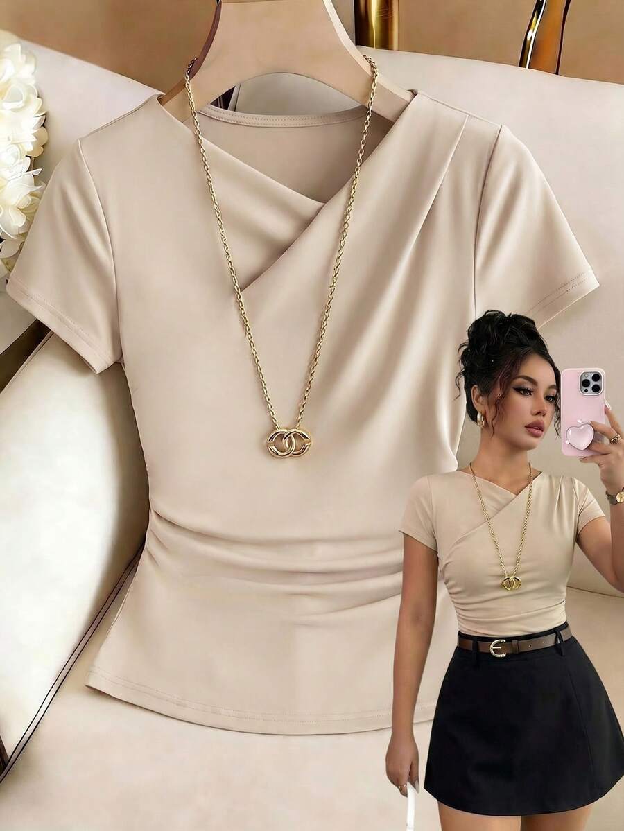 Elenzga Women's Spring/Summer Casual Minimalist Solid Color Neckline Design Waist-Cinching Fitted Daily Commute Versatile Short Sleeve T-Shirt - Khaki - View 1