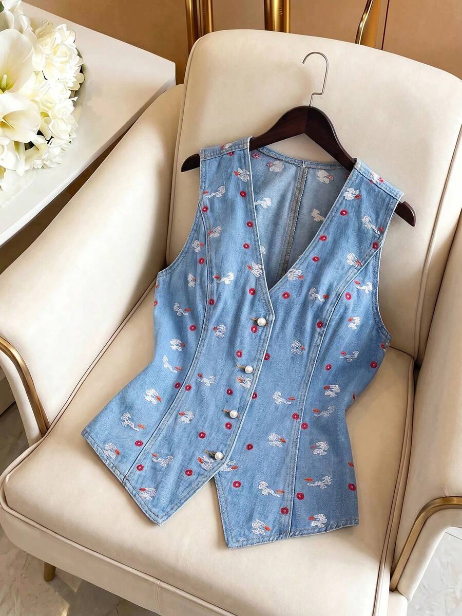 GlowEve Women's V-Neck Geometric Embroidery Pattern Casual Sexy Versatile Daily Wear Denim Jacket Back-To-School Swimming Pastal Summer - Blue - View 1