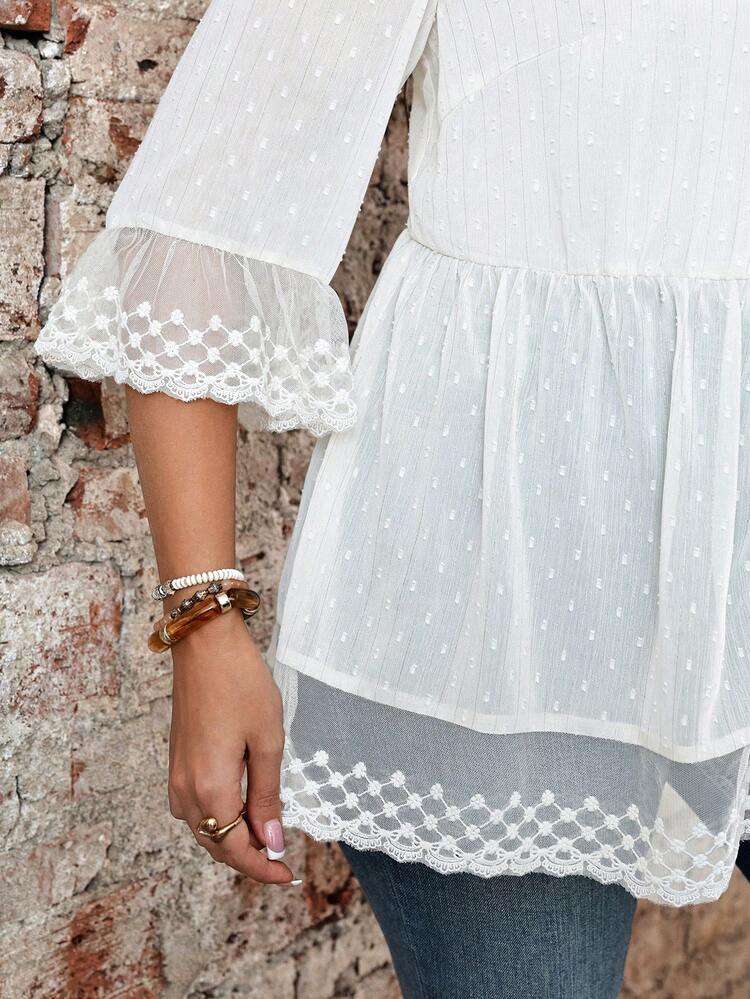 Plus Size Women Casual Solid Color Lace Patchwork Blouse