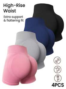 SHEIN Velisys 4件組女款黑色、深藍色、淺灰色、蓮花粉色高腰提臀無縫高彈力運動短褲，蜜桃臀瑜伽跑步騎行健身戶外休閒穿搭，新款熱銷適用於春夏秋冬 - 彩色 - 查看 1