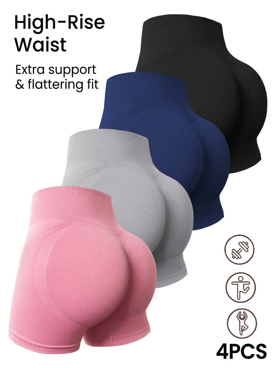 SHEIN Velisys 4件組女款黑色、深藍色、淺灰色、蓮花粉色高腰提臀無縫高彈力運動短褲,蜜桃臀瑜伽跑步騎行健身戶外休閒穿搭,新款熱銷適用於春夏秋冬 - 彩色 - 查看 1