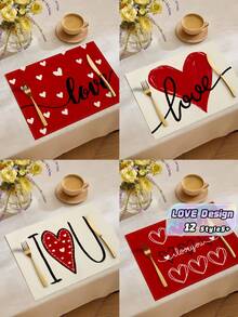1/4/6PCS Polyester Stain Resistant Non Slip Washable Red Pink Heart Love Decor Placemat Dining Mat For Valentine Day Home Restaurant Dining Table Decor Household Items - Red - View 1