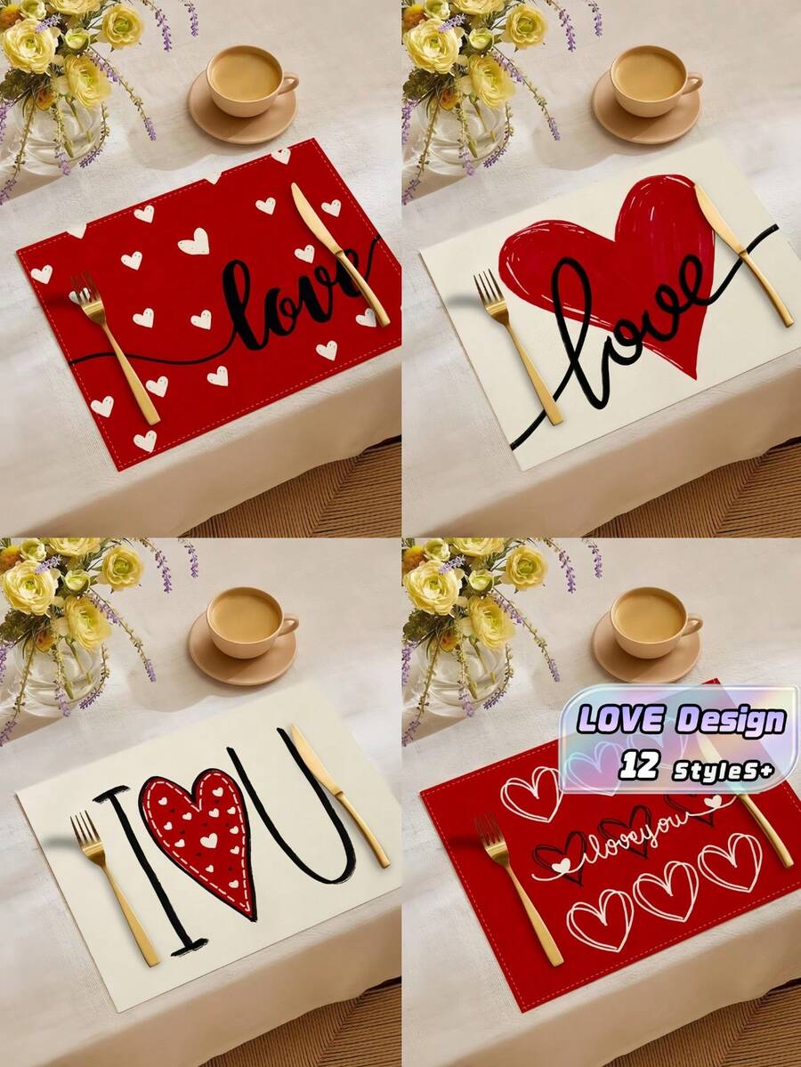 1/4/6PCS Polyester Stain Resistant Non Slip Washable Red Pink Heart Love Decor Placemat Dining Mat For Valentine Day Home Restaurant Dining Table Decor Household Items - Red - View 1
