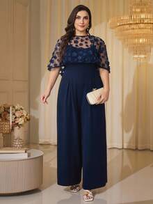 Seusyu Plus Size Solid Color Camisole Dress And Sheer Round Neck Top 2 Pieces Set Wedding Evening Formal Navy Blue Summer Elegant - Navy Blue - View 5