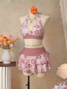 Bellisia 26SS Orange Halter Neck Triangle Bikini Top With Matching Skirt 3 Pieces Set, Beach/Resort Wear - Multicolor - View 3