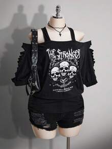 SHEIN ICON 女款大尺碼黑色夏季 Grunge 音樂會日常 Y2K 哥德龐克骷髏圖案鏤空破洞 2 合 1 T恤 音樂節 - 黑色 - 查看 7