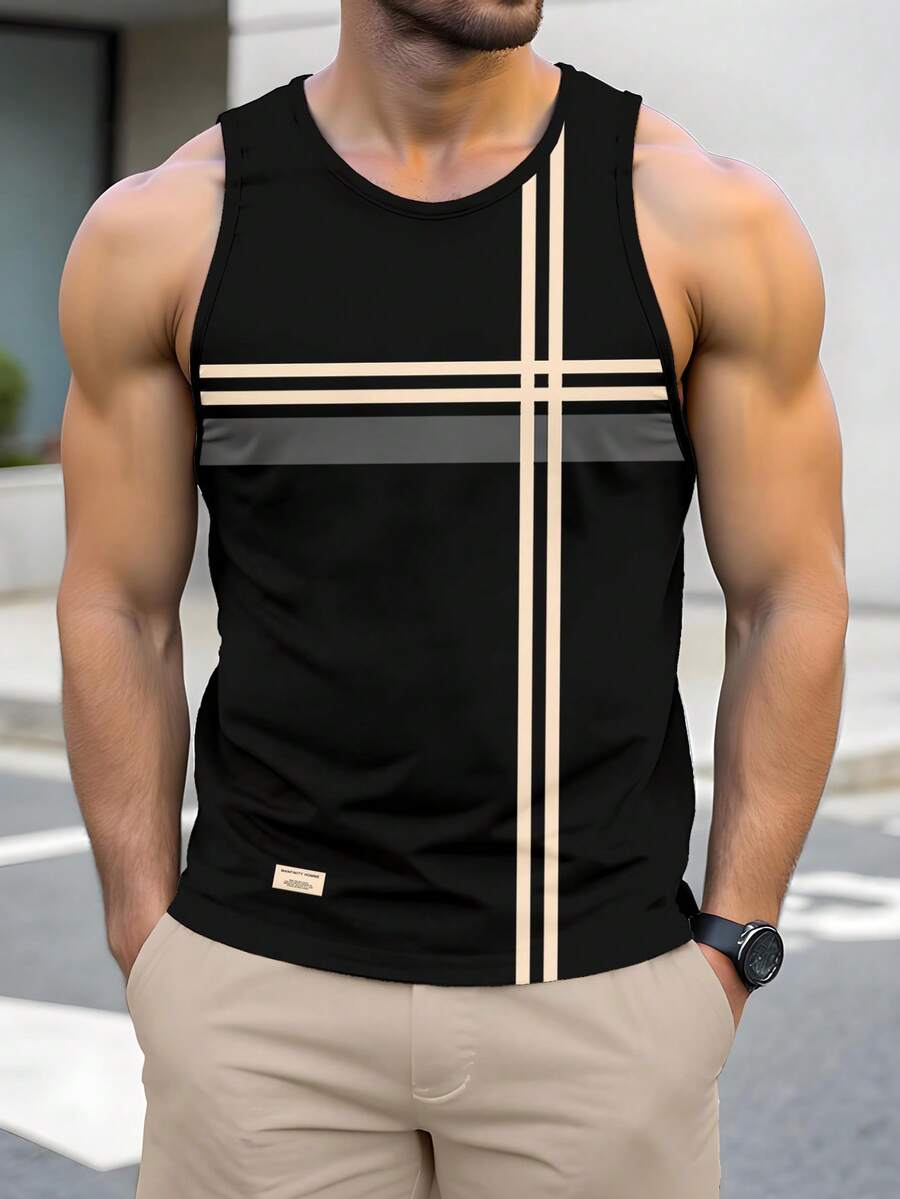 Azurnel Minimalist Cross Color-Block Line Mature Style Fashion Casual All-Over Print Men's Standard Size Fitted Casual Tank Top, Holiday - Black - View 1