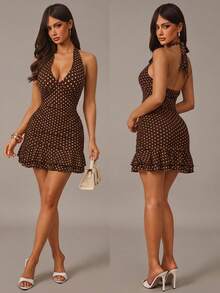 Radiana Elegant Sexy 70s Retro Women's Brown And White Polka Dot Halter Mini Dress Sleeveless Deep V Neck Ruched Bodycon Short Dress Summer Night Out Party - Brown - View 4