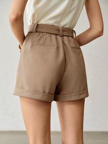 MOTF PREMIUM SUMMER DISTRESSED A-LINE SELF-FABRIC BELTED SHORTS FOR WOMEN'S OFFICE WORK COMMUTE KHAKI CASUAL - Khaki - View 5