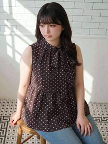 Bijouette Damen Große Größen Sommer Lässig Polka Dot Muster Vorderbindung Ärmellos Top - Braun - Übersicht 5