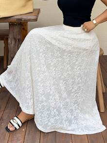 Dazy Plus Elastic Waist Lace All-Over Floral Embroidered Chiffon Long Elegant Plus Size Women's Spring/Summer Apricot Skirt - White - View 5