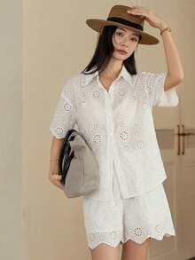 Dazy-Less Bộ đồ nữ 2 món gồm áo và quần short thêu họa tiết, thích hợp cho mùa xuân và mùa hè. - trắng - Xem 5