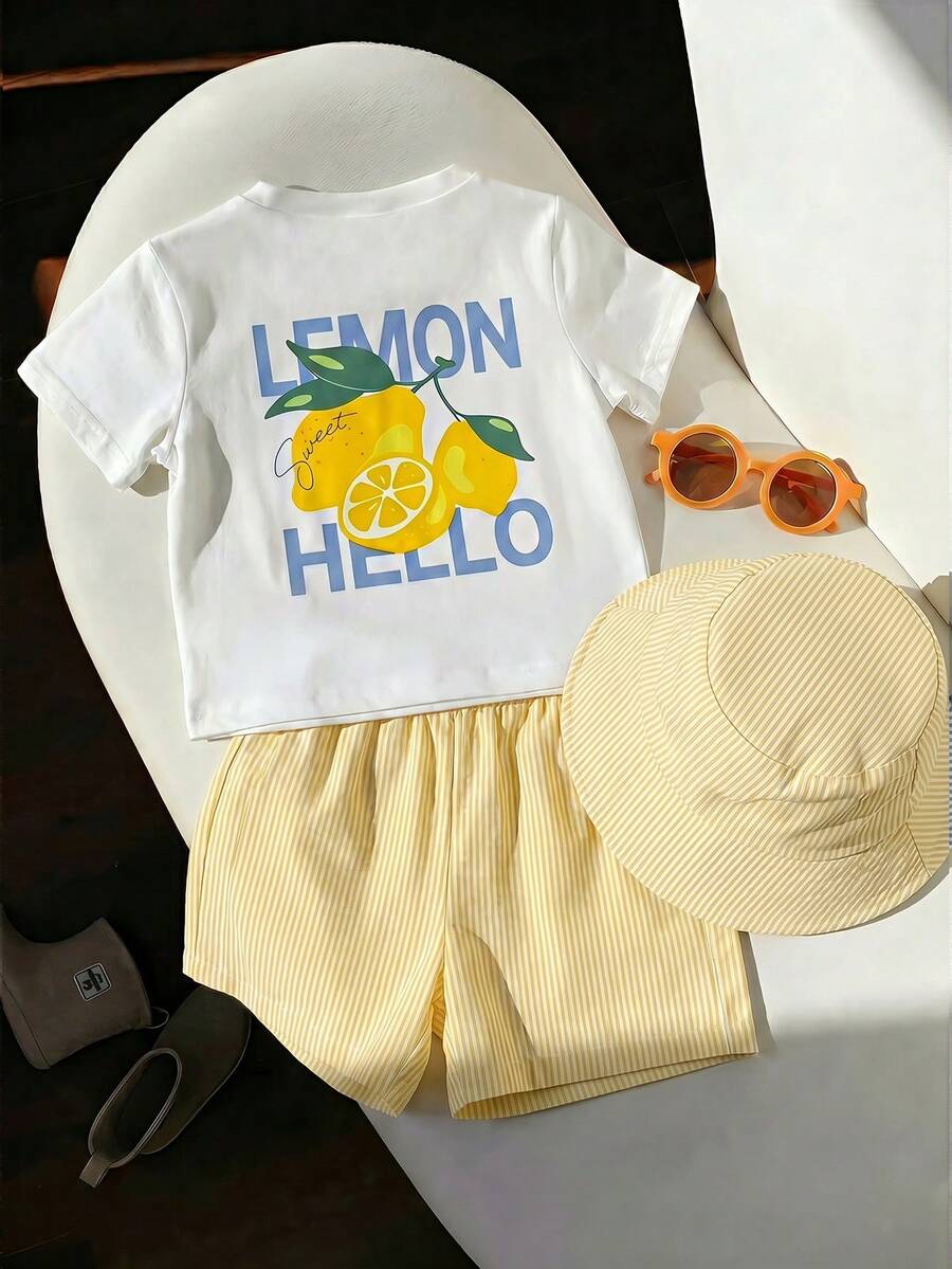 SHEIN 中性嬰幼兒男童女童幼童男童 3件/套 春夏可愛檸檬條紋圖案短袖T恤上衣、短褲和帽子套裝,多件裝,春夏嬰兒男童服裝套裝,嬰兒男童短袖上衣 - 黃色 - 查看 1