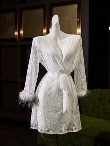 SilkySpell 1pc Women's Sexy Elegant Lace Robe, White Floral Lace Trim, Long Sleeve, Sheer Sleepwear Sleep Autumn - White - View 6