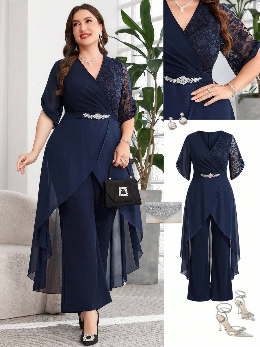 SHEIN Clasi Mono de talla grande con decoración de strass, parches de encaje y volantes - Azul Marino - Ver 1