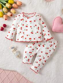 Conjunto de pijama de 2 piezas para recién nacido con patrón de dibujos animados lindo, cuello redondo con volantes, manga corta, tejido de punto, ajuste cómodo (Dos piezas) - Rojo - Ver 10