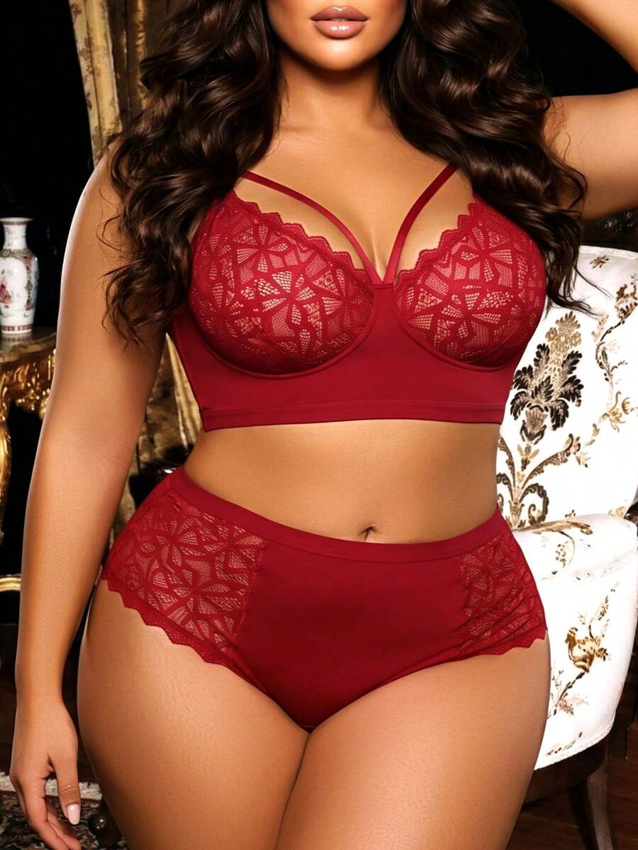 Divavoom Bộ 2 áo ngực ren tương phản cỡ lớn không dây, nâng ngực - Màu Đỏ Sâu - Xem 1