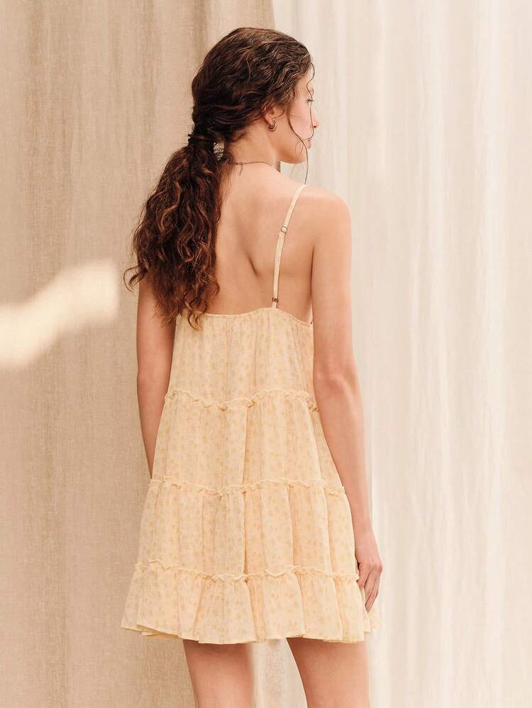 Yellow Floral Ruffled Mini Dress With Triangle Bust Summer Holiday Casual French Style Dress