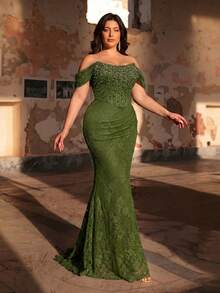 Aureia Plus Size Elegant Sexy Off-Shoulder Luxury Pearl Rhinestone Patchwork French Lace Boning Decor Waist Pleated Fitted Mermaid Hem With Train Heavy Work Evening Gown (Heavy Work Design) - Army Green - View 7