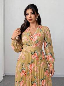 Elenzga 大码女式春夏度假、优雅浪漫派对、婚礼宾客碎花长袖V领褶皱飘逸长裙 - 彩色 - 查看 4