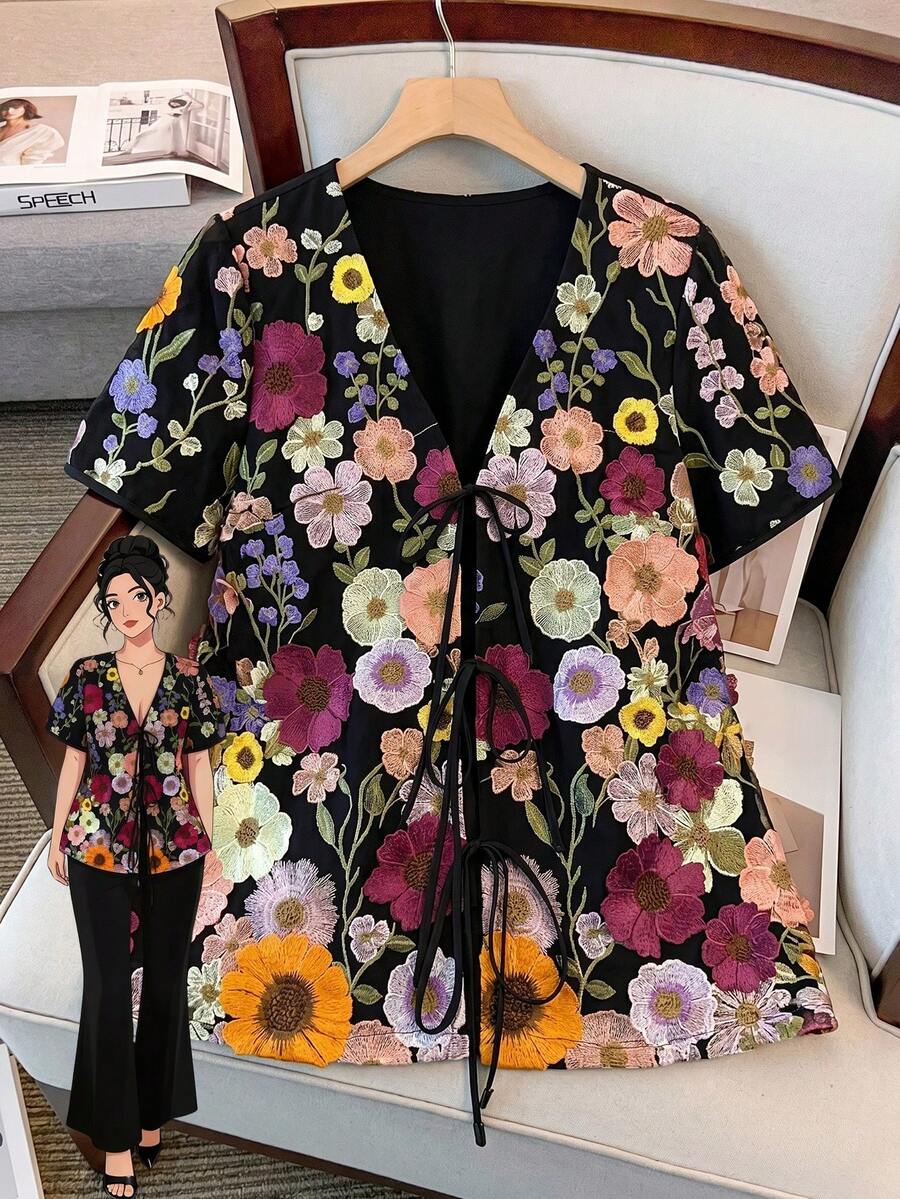 GlowEve CURVE Plus Size Simple Elegant Embroidered Women's Jacket - Multicolor - View 1
