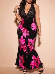 Cravure Plus Size Women's Elegant Vacation Floral Print Lace Sexy Halter Neck Tie Dress - Hot Pink - View 6