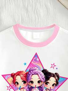 Girls' Casual Fashion Creative 3-Piece Cute Girl, Star Pattern Short Sleeve T-Shirt Set, Comfortable Daily Wear For Spring, Summer, Autumn - Multicolor - View 5