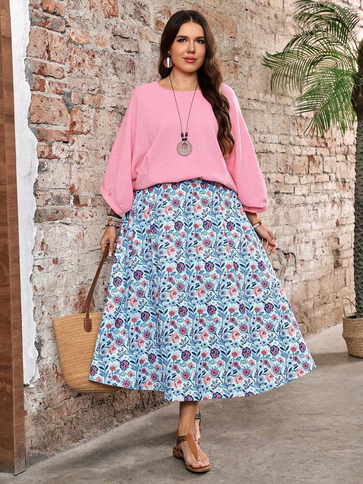 2pcs/Set  Plus Size Women Summer Vacation Solid Color Loose Shirt And Floral Print Skirt 2-Piece Set,Flowy Skirt Set,Going Out Outfits,Beach Outfit