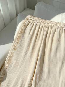 Comfortcana Quần ống rộng dáng suông, màu trơn, chất liệu vải nhăn, có dây rút, thích hợp cho kỳ nghỉ hè, cỡ lớn. - Màu be - Xem 3