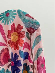 Soleia 女款復古碎花印花V領長袖喇叭袖前綁帶A字版型上衣，適合派對、聖誕節、約會、夜店、波希米亞風、度假、秋季 - 粉色 - 查看 7