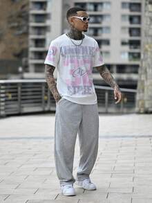 Devon Thys Men's Letter & Numeral Print Casual Loose Crew Neck Short Sleeve T-Shirt - Pink - View 1