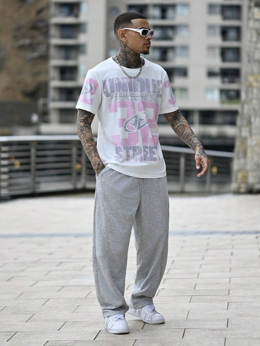 Devon Thys Men's Letter & Numeral Print Casual Loose Crew Neck Short Sleeve T-Shirt - Pink - View 1