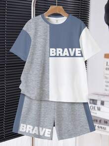 Tween Boy Casual Comfortable Fashion Minimalist Crew Neck Short Sleeve T-Shirt And Shorts Set, Classic "BRAVE" Text And Retro Color Block Graphic Print, Suitable For Spring/Summer, School, And Street Wear - Multicolor - View 4